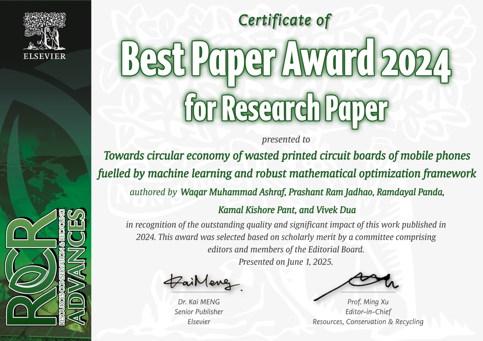 Featured News: Resources, Conservation & Recycling Advances 2024 Best Paper Award